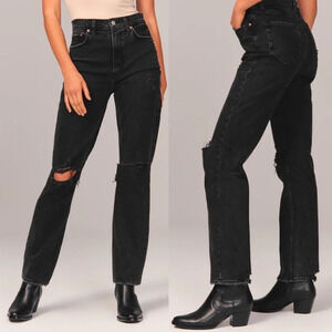 Abercrombie & Fitch Ultra High Rise 90s Straight Jean Black Destroy  Sz 36 NWT